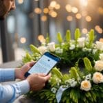 En person bestiller en begravelseskrans online vælger blomster og tilføjer en personlig besked for en mindeværdig afsked