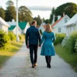 A couple går hånd i hånd gennem en charmerende svensk landsby omgivet af frodig vegetation og hyggelige hytter